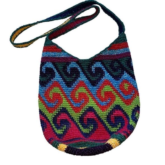 No Brand Handbags - Crocheted EUC Crossbody Messenger Bag Rainbow Wave Pattern Mid Size